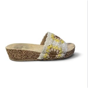 CL Laundry Sunflower Crochet Wedge Slide Sandals Cork Heel Boho Yellow Size 41